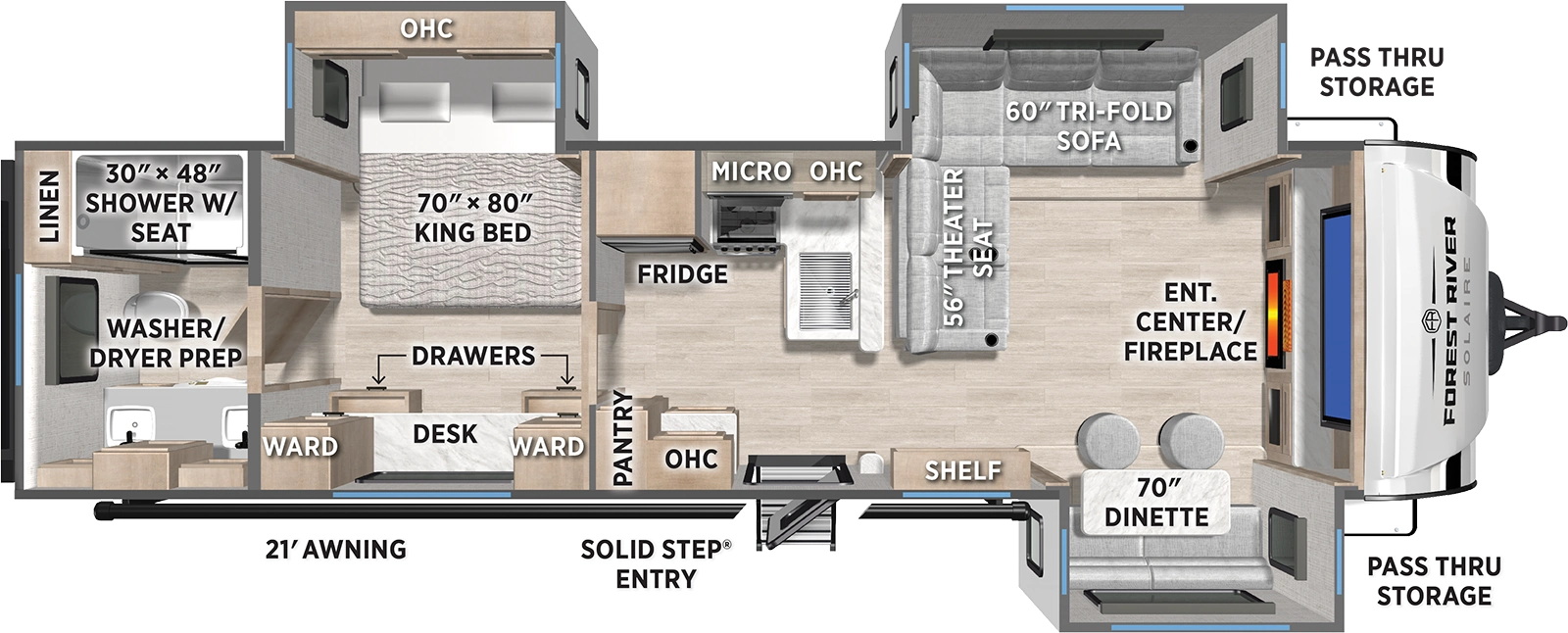 The SolAire Ultra Lite 3300FLBS floorplan has one entry and three slide outs. Exterior features include: fiberglass exterior and 21' awning. Interiors features include: front living and rear bathroom.